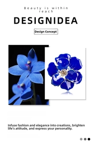 Detail of royal blue enamel rose brooch with crystal core and golden edges