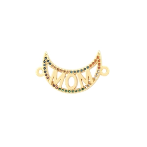 Detail of gold crescent moon charm with MOM lettering and colorful zircon stones
