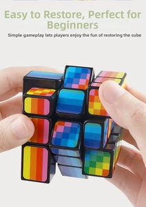 Macro shot of hands rotating the smooth 3x3x3 speed cube with colorful stickers