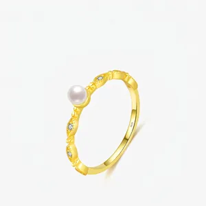 925 Sterling Silver Artificial Pearl Ring Gold Plated Zircon Inlaid Elegant French Vintage Stackable Band Jewelry For Women