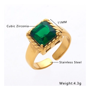 Adjustable stainless steel ring with 11mm emerald-cut green cubic zirconia stone
