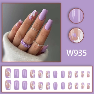 Square lilac marble and cow print press-on nails with 24 pieces set in purple hues