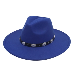 Detail of royal blue felt fedora hat featuring black band with silver metal rivets