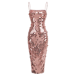 Close-up of pink sequin texture on a luxury spaghetti strap slit dress for banquets