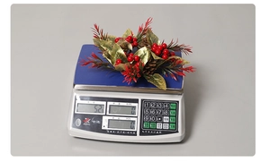 Close-up of artificial pine cone wreath with red berries and golden leaves, weight display