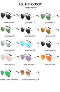 Grid display showing fourteen different lens colors and metal frames for aviator sunglasses