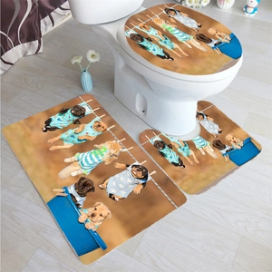 Three-piece bathroom mat set featuring cute puppy prints on warm brown fabric background