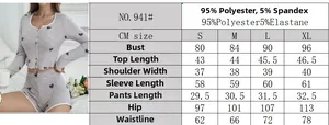 Size chart for heart print pajamas set with material details and fit measurements