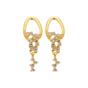 Elegant gold drop earrings with circular fringe and shimmering rhinestones in French retro style