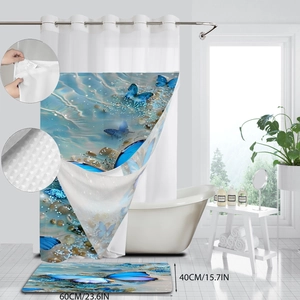 Modern waffle weave shower curtain and bath mat set with blue butterfly and water drops