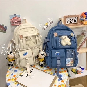 Zaino scolastico stile Harajuku beige e blu con graziosi ciondoli a forma di orso
