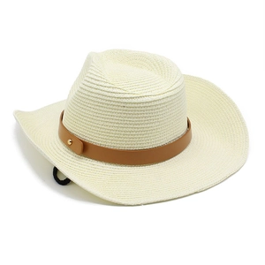 Cappello da cowboy in paglia crema con fascia in cuoio e sottogola regolabile