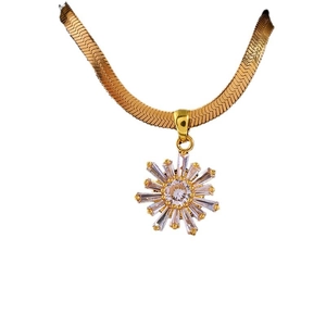 Gold sunflower pendant necklace with zircon crystals on flat snake chain for women