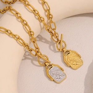 18K gold plated stainless steel necklace with moon and star rectangular pendant