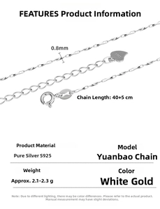 Detail view of 925 sterling silver chain necklace showing 0.8mm width and 40+5cm length
