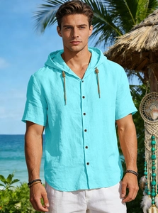 Men's sky blue linen hooded shirt with dark wooden buttons and light brown drawstrings