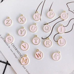 Round Alphabet Letter Pendant Charms Alloy Enamel Pink Golden DIY Jewelry Making Necklace Bracelet Accessory Retro Style