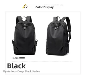 Detailed front and side view of black waterproof business laptop backpack in matte nylon