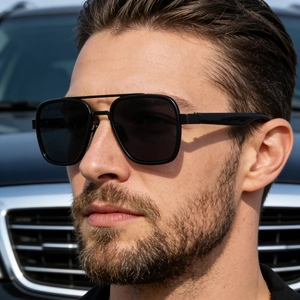 Close-up of polarized square sunglasses with double-bridge frame worn by a male model