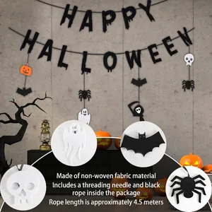 Banner de 4,5m Happy Halloween de tela no tejida con murciélago y fantasma para fiesta