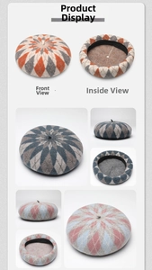Detailed views of checkered argyle wool berets showing front and interior textures