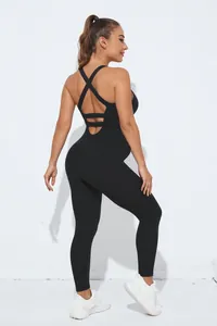 Detail of black seamless yoga bodysuit featuring a criss-cross open back for maternity