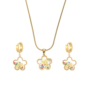 Gold-plated Evil Eye flower pendant necklace and earrings set with colorful gemstones