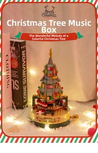 Rotating Christmas tree building block music box with festive gold base and warm lights