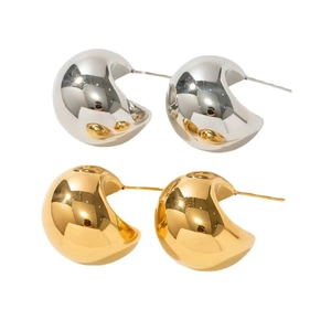 Polished 18k gold and silver thick C-shaped hoop earrings with minimalist hollow design