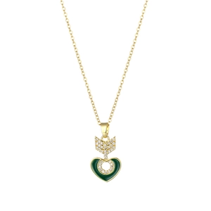 Golden stainless steel necklace with green enamel heart and zircon arrow pendant