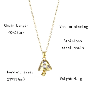 Detail view of mushroom pendant necklace with dimensions and stainless steel chain info