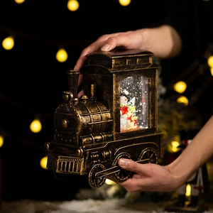 Vintage Bronze Weihnachten Zug Schneekugel Spieluhr Mit Automatischem Schneefall LED Licht Feiertag Schreibtisch Deko Geschenk