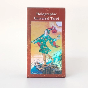 Macro view of the Holographic Universal Tarot box featuring laser-reflective The Fool card