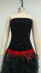 Detail of black sequin bodice and vibrant red feather embellishment on mesh evening gown