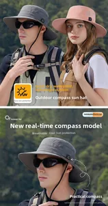Detail of outdoor sun hat featuring a built-in compass on side with waterproof fabric