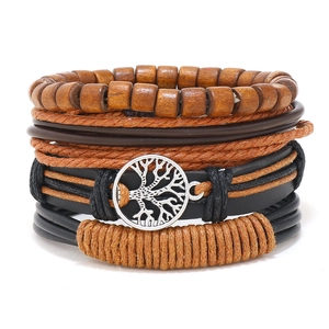 Multilayer leather bracelet set with brown wood beads and silver tree of life charm