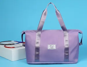 Large capacity foldable purple gym bag with dry-wet separation for women sports and travel