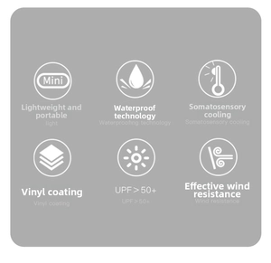 Detail showing UV protection UPF 50+, vinyl coating and waterproof features of the umbrella