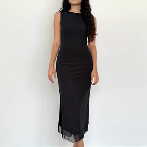 Elegant sleeveless black midi dress featuring a stylish layered sheer hem for women