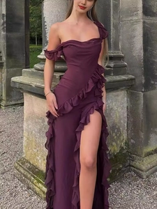 Deep purple one-shoulder evening dress with ruffled details and a high side slit