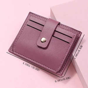 Detailed view of mauve card holder dimensions showing length, height and ultra-thin profile