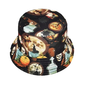 Halloween cartoon bucket hat with vibrant skulls and pumpkins pattern detail view