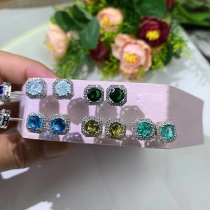 Elegant silver square earrings with colorful round stones and diamond-like frame