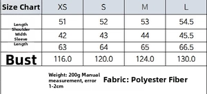 Guía de tallas para blusa transparente con mangas farol y medidas de longitud y busto