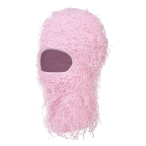 Pink fuzzy balaclava hat with shaggy faux fur texture and single eye hole opening