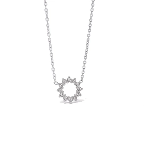 Minimalist silver sunflower pendant necklace with sparkling cubic zirconia on a cable chain