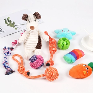 Macro view of multi-piece durable cotton rope and plush dog toy set for chewing