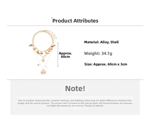 Detail showing shell and starfish charms on a gold layered necklace with measurements