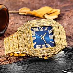 Luxury gold iced-out square watch with blue dial and Roman numerals for men