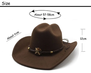 Brown wool cowboy hat featuring decorative braided band and detailed size measurements